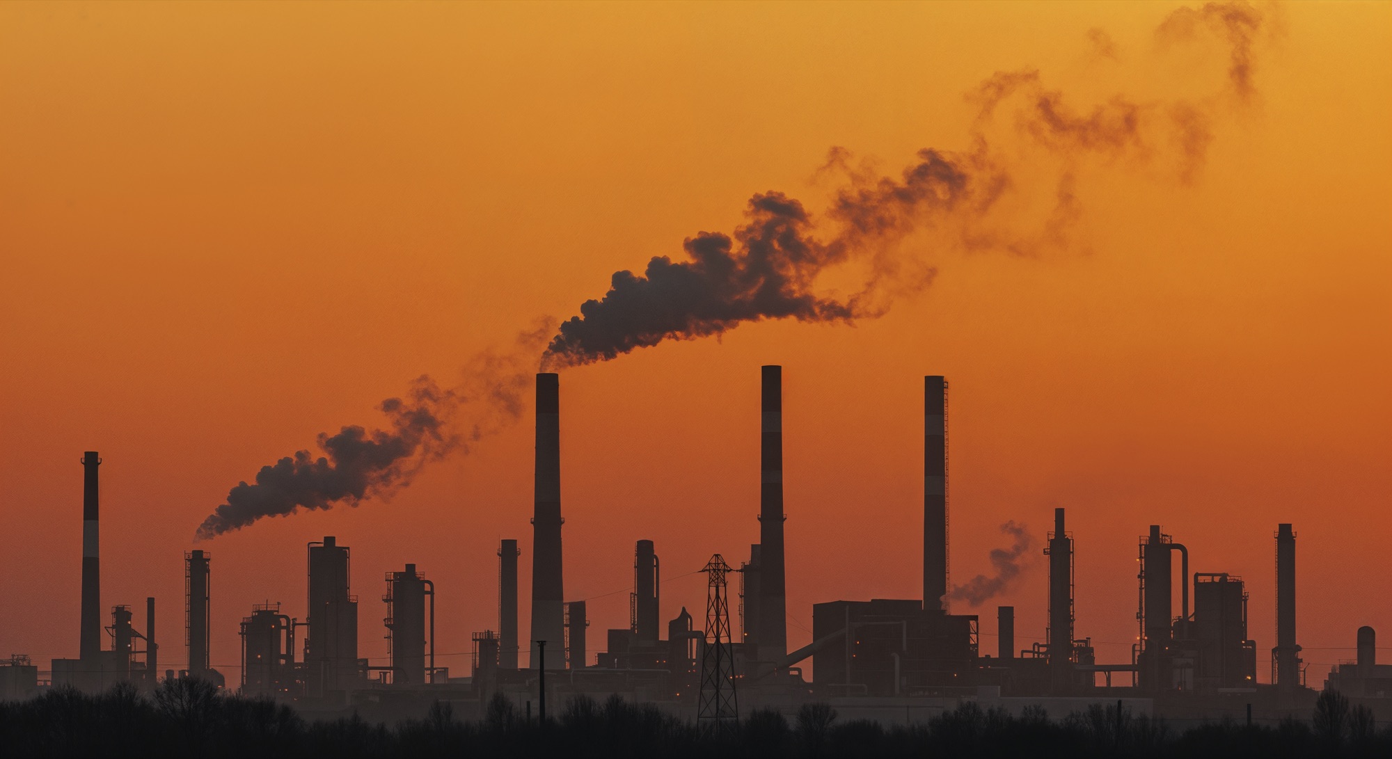Oil and gas refinery at sunset